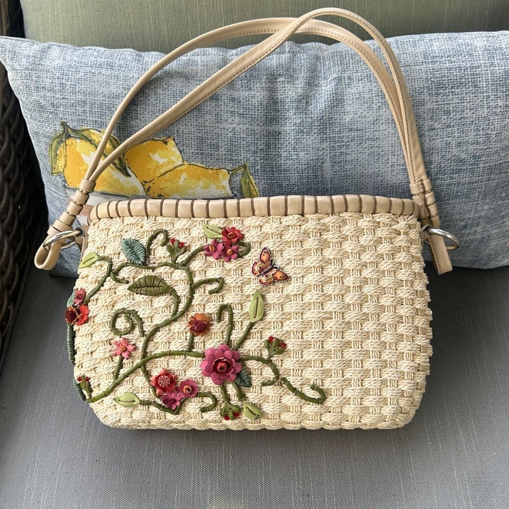 Brighton Vintage Calliope Straw Tote Floral Appliqué Enamel Butterfly Bag